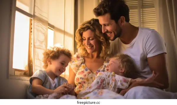 Family of four sitting on a bed and smiling
