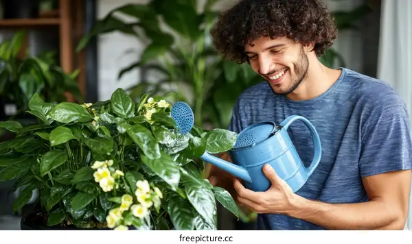 Man Watering Indoor Plant with Blue Watering Can