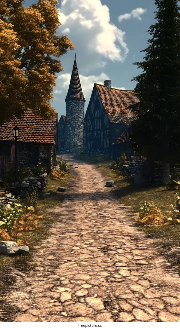 Stone Path Leading to an Old European Village in Autumn