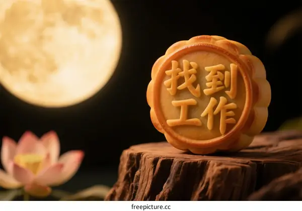 Mooncake with Chinese characters meaning finding a job under the full moon