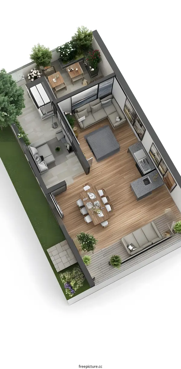 Top View 3D Illustration of Modern Apartment Interior Design with Outdoor Garden