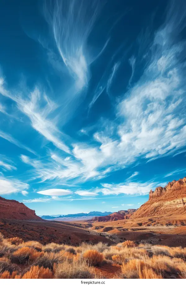 Cirrus clouds over a desert landscape