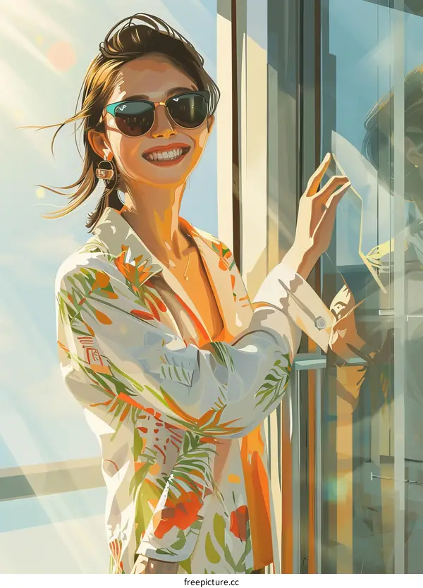 Cheerful woman with sunglasses standing by the door
