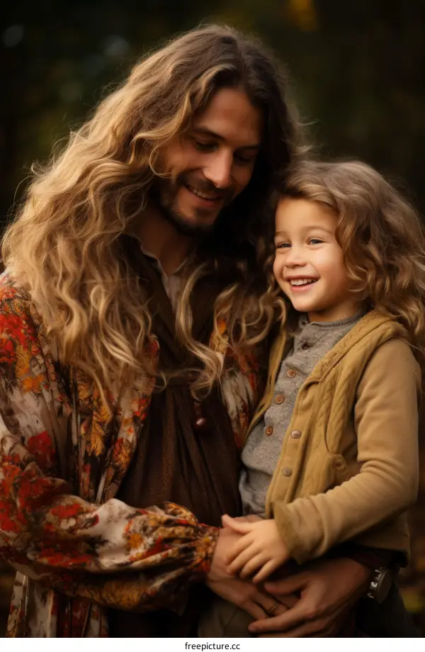 Happy Long-Haired Father and Son in the Woods