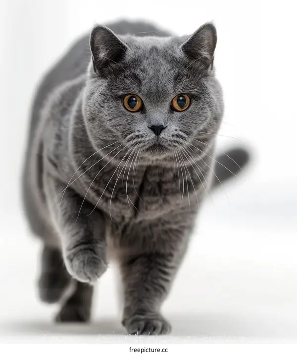 A gray British shorthair cat is walking towards the camera