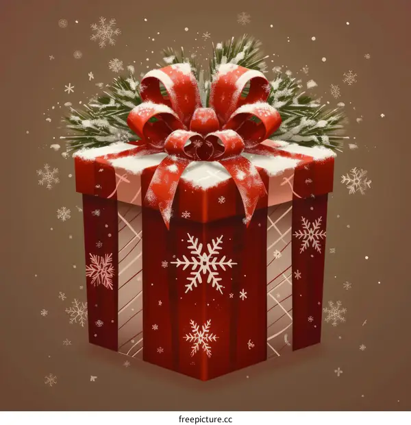 Christmas Gift Box with Red Ribbon and Snowflakes