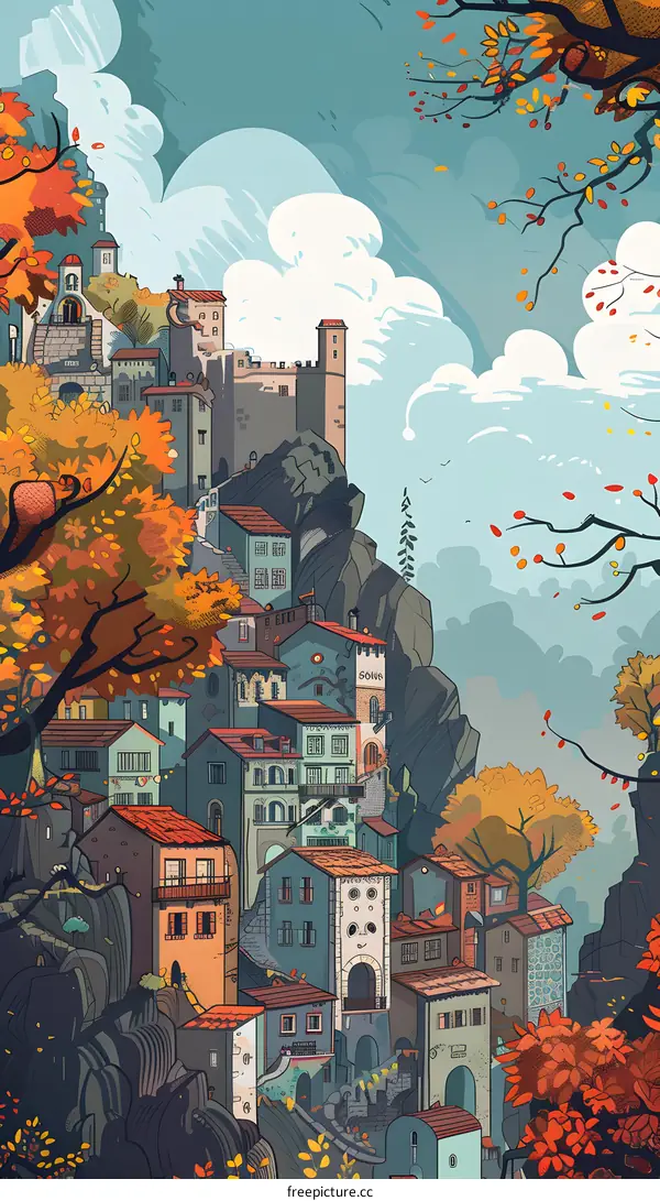 Autumn Village Landscape Painting Illustration