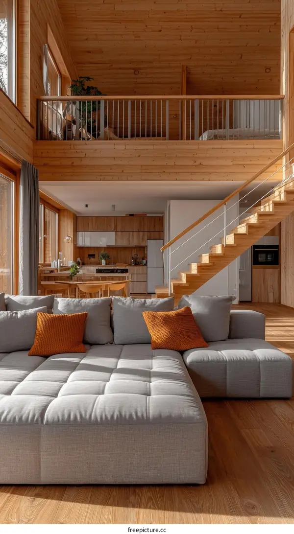 Modern Wooden Cabin Living Area with Sectional Sofa