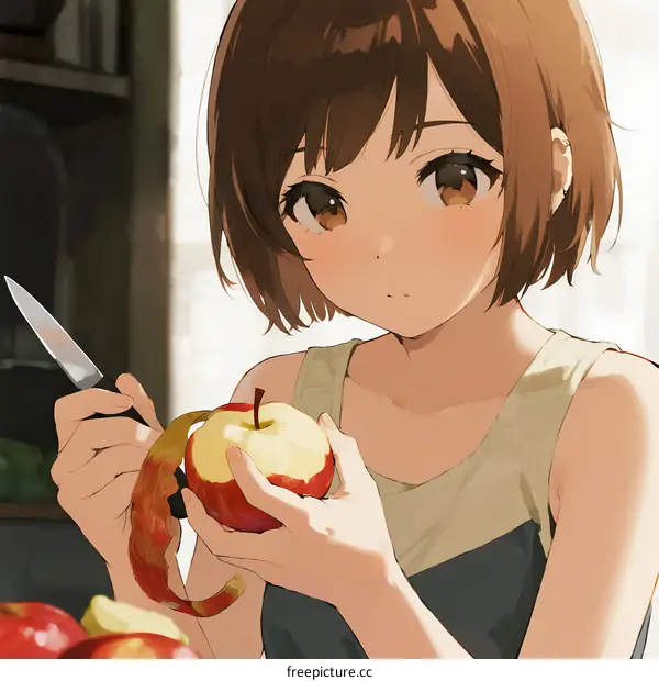 Anime girl peeling red apple with knife in kitchen