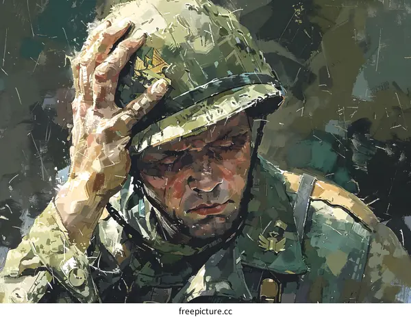 A soldier wearing a green helmet holds his head in his hand