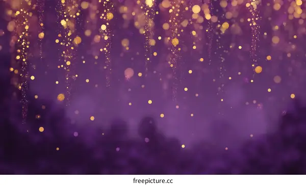 Golden Glitter Particles Falling on Purple Background