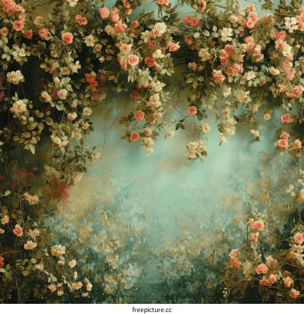 Pink roses flowers and green leaves hanging from the top on a blue background