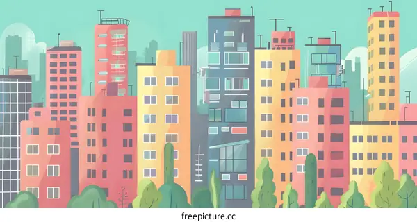 Colorful Buildings Illustration With Green Trees
