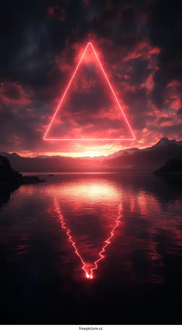Neon Triangle Silhouette Over Dramatic Sunset Reflection