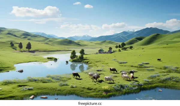 Grazing Cows in a Lush Green Meadow with Mountains