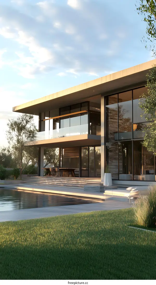 Modern House With Swimming Pool And Grass Lawn