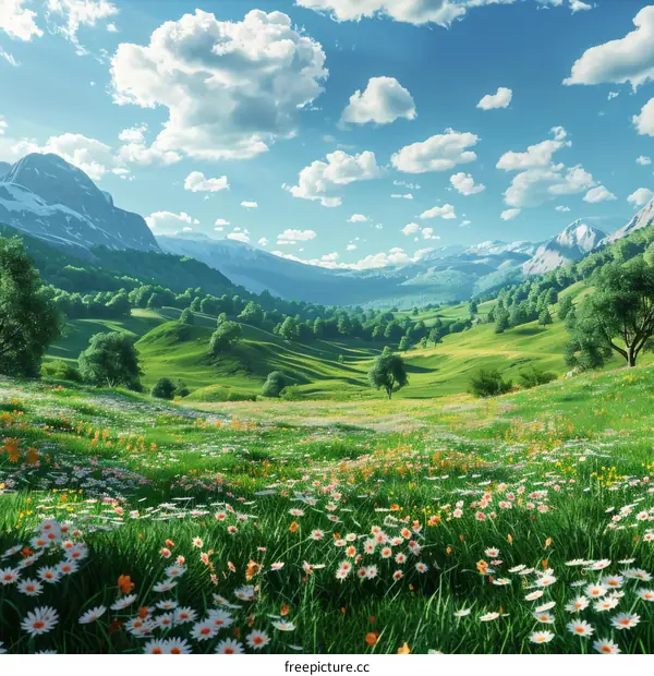 Rolling Green Hills and Mountains with Blue Skies and Clouds