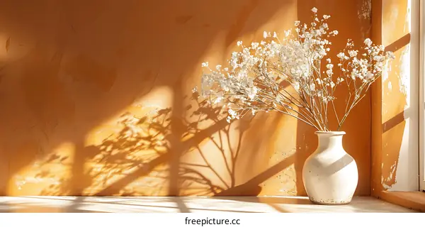 White Dried Flowers in a Vase Against a Yellow Wall