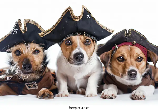 Three dogs wearing pirate hats