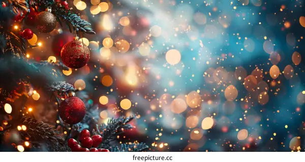 Christmas tree with red and gold ornaments and twinkling lights