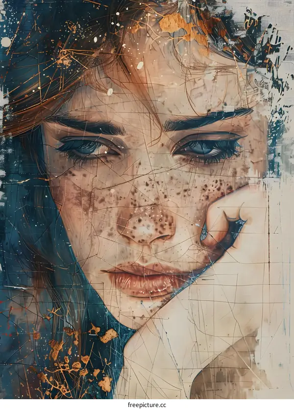 Portrait of a young woman with freckles and blue eyes