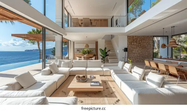 Modern luxury villa living room with amazing sea view