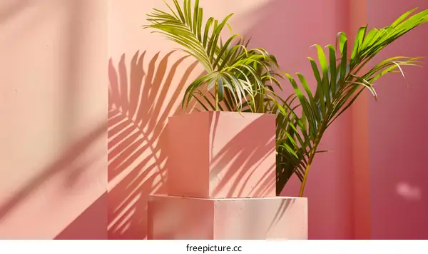 Pink Wall Background with Palm Tree and Sunlight