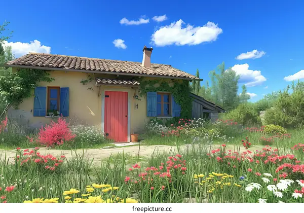 Small cottage in a beautiful flower field