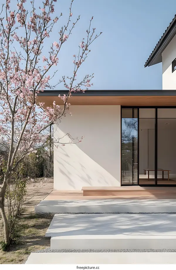 Minimalist Modern Japanese House with Cherry Blossom Tree