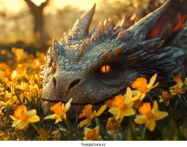Dragon Among Spring Daffodils