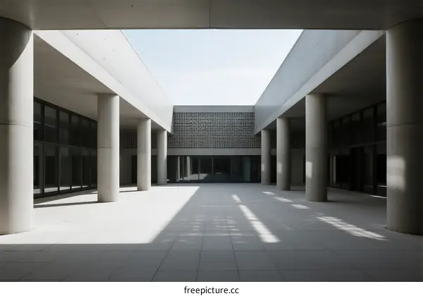Concrete Courtyard with Columns and Open Sky Structure