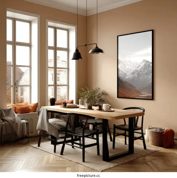 Cozy Modern Farmhouse Dining Room with Mountain Print