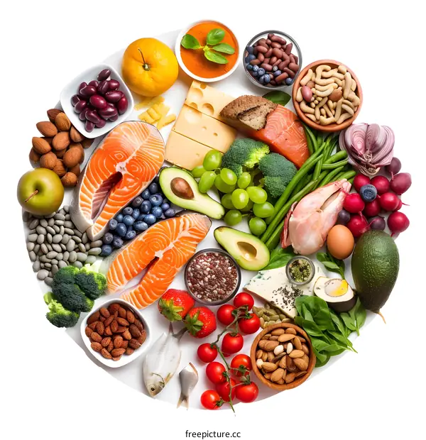 Variety of Healthy Foods Arranged in Circle on White Background