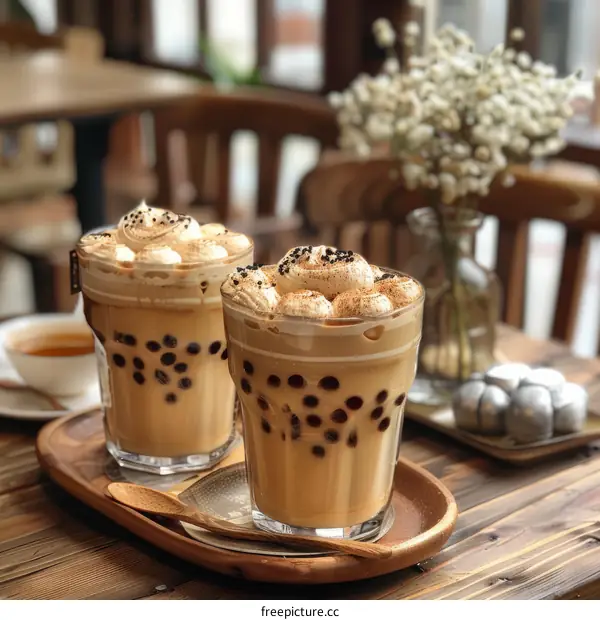 Two Glasses of Bubble Tea with Cream on a Table