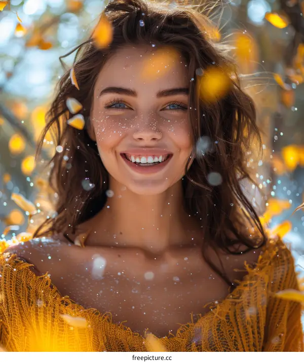 Beautiful Woman Smiling Autumn Leaves Background