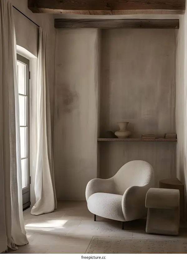 Modern Minimalist Interior Design with Armchair and Wooden Beams