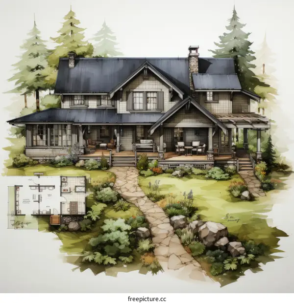 An illustration of a beautiful house with a garden