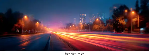 City Street at Night with Light Trails