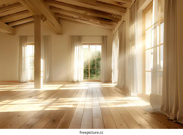 Sunlight Shining Through White Curtains In A Wooden Room