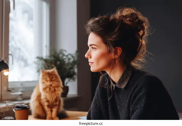 Woman with bun hairstyle in a cozy home interior