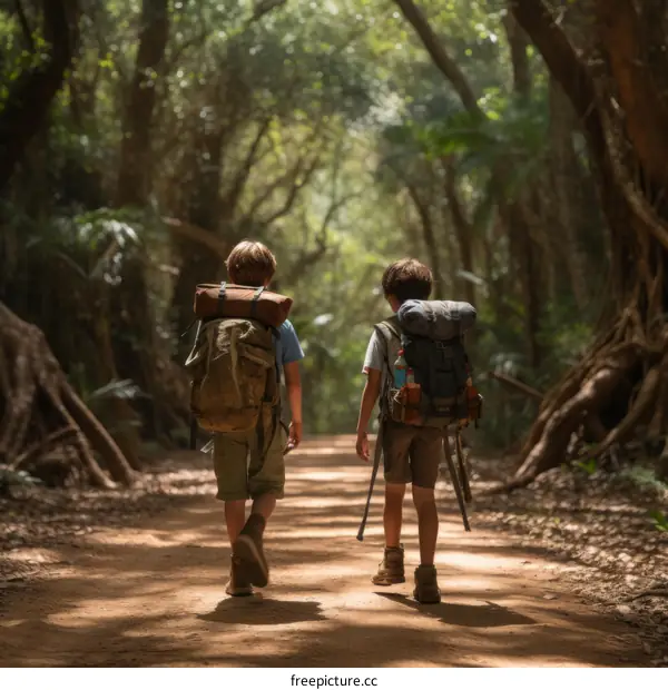 Two boys hiking in a forest