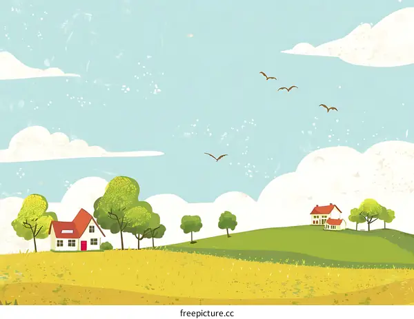 Cartoon Illustration of a Countryside Landscape with Houses and Birds