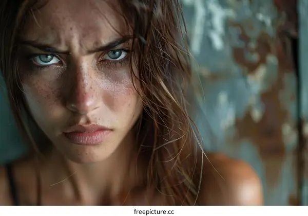 Portrait of a young woman with wet hair and freckles