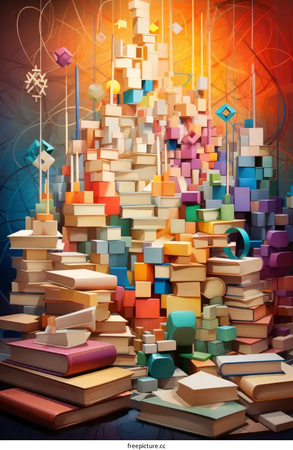 Illustration of a large stack of books with geometric shapes