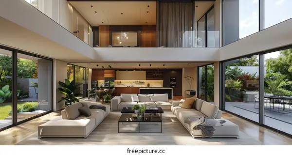 Modern house interior design with large living room
