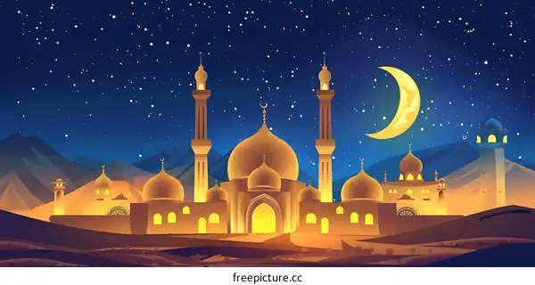 Night Scene with Mosque and Crescent Moon