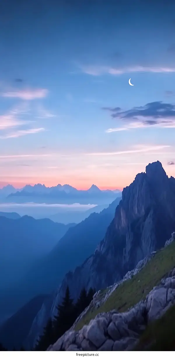 Mountain Range at Sunset with Crescent Moon