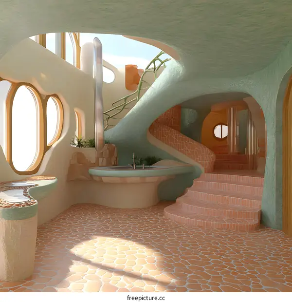 Organic Architecture Interior Design with Curved Walls and Staircase