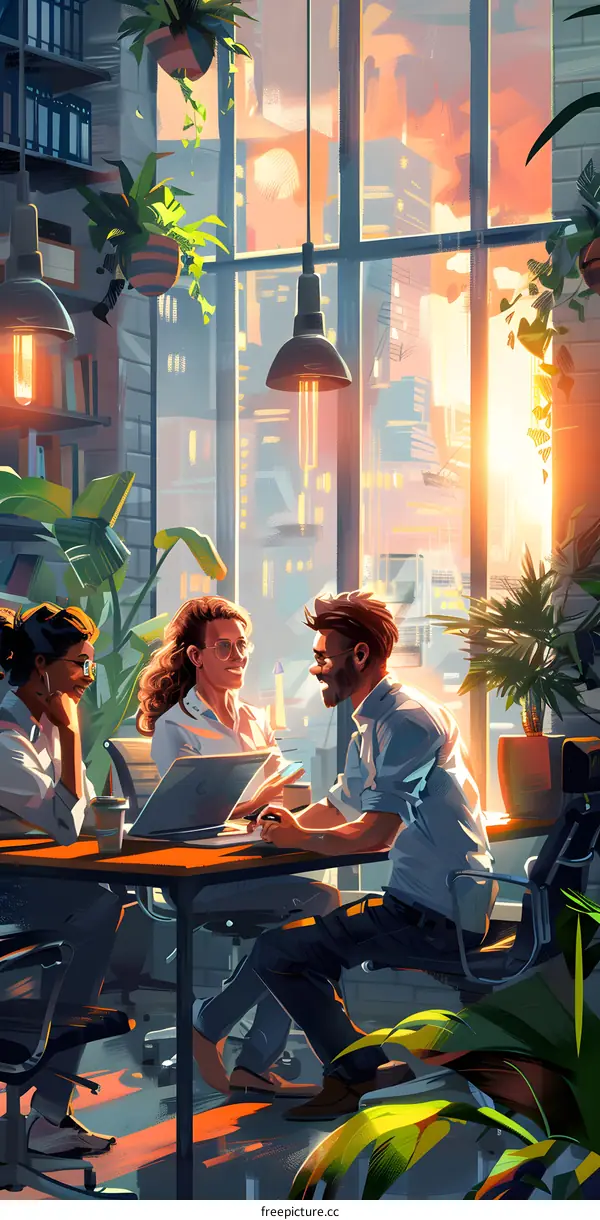 Three business people discussing work in an office