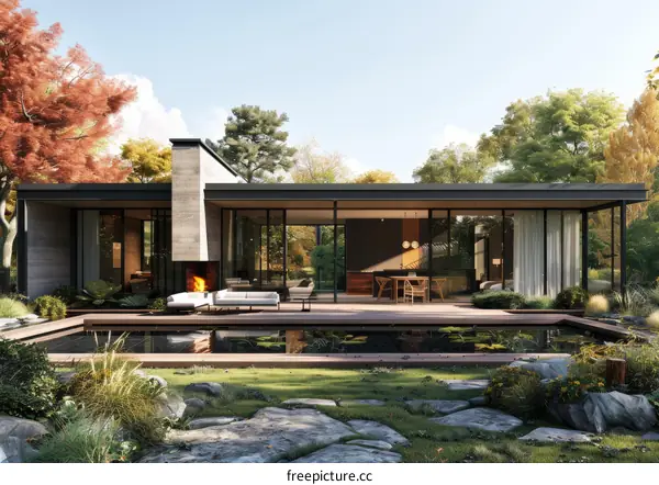 Modern House Exterior Design with Pool and Garden